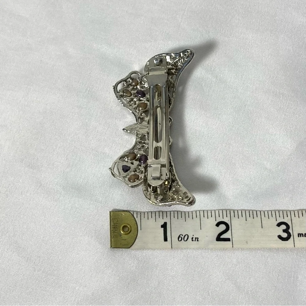 Metal Silver Curlicue Butterfly Barrette with Purple and Brown Glittery Stones - Picture 9 of 9